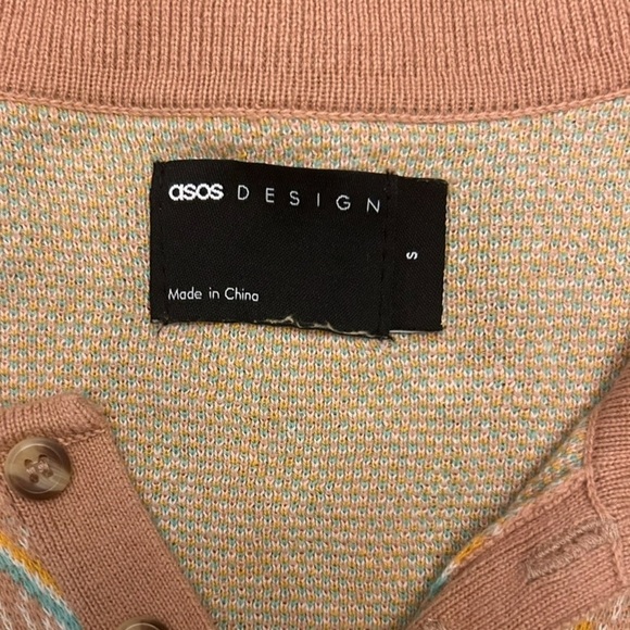 ASOS Men’s 70s Retro Knit Polo Light Brown Geometric Short Sleeve Shirt Size S - Picture 7 of 11